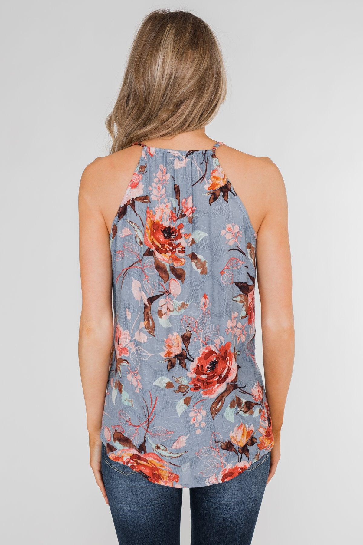 Dreaming of Floral Ruffle Tank Top - Light Steel Blue