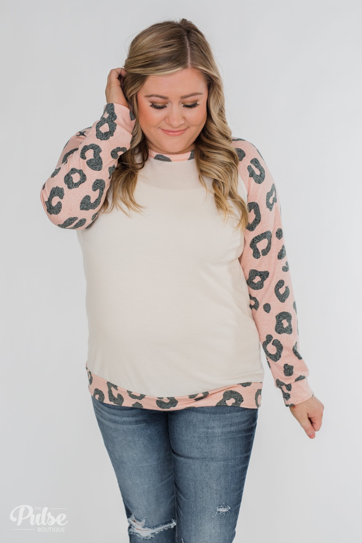 Leopard Raglan Long Sleeve Top- Blush Pink