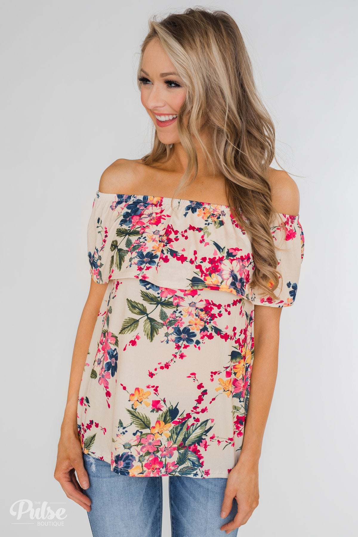Grow With Me Off the Shoulder Floral Top - Beige – The Pulse Boutique