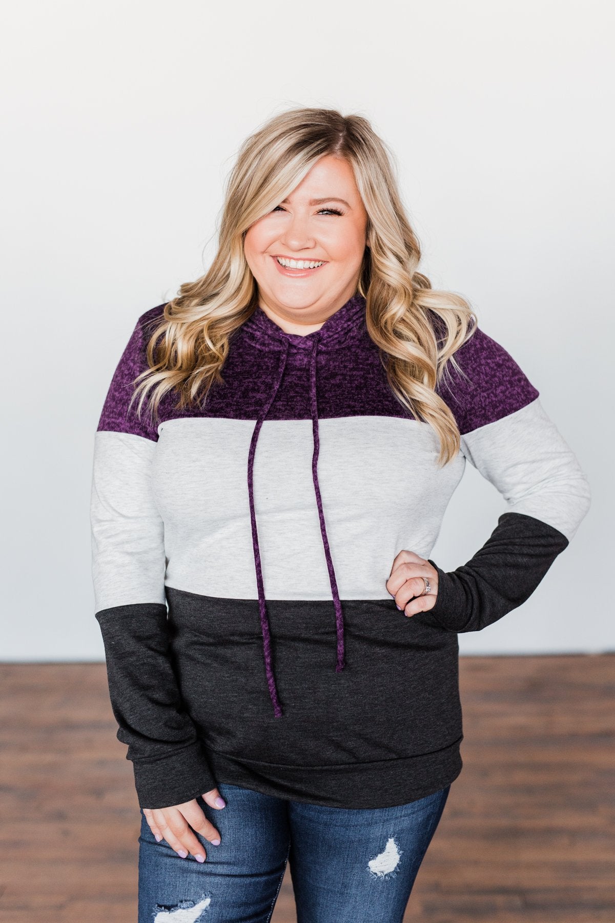 It Just Might Be Color Block Hoodie- Eggplant & Charcoal