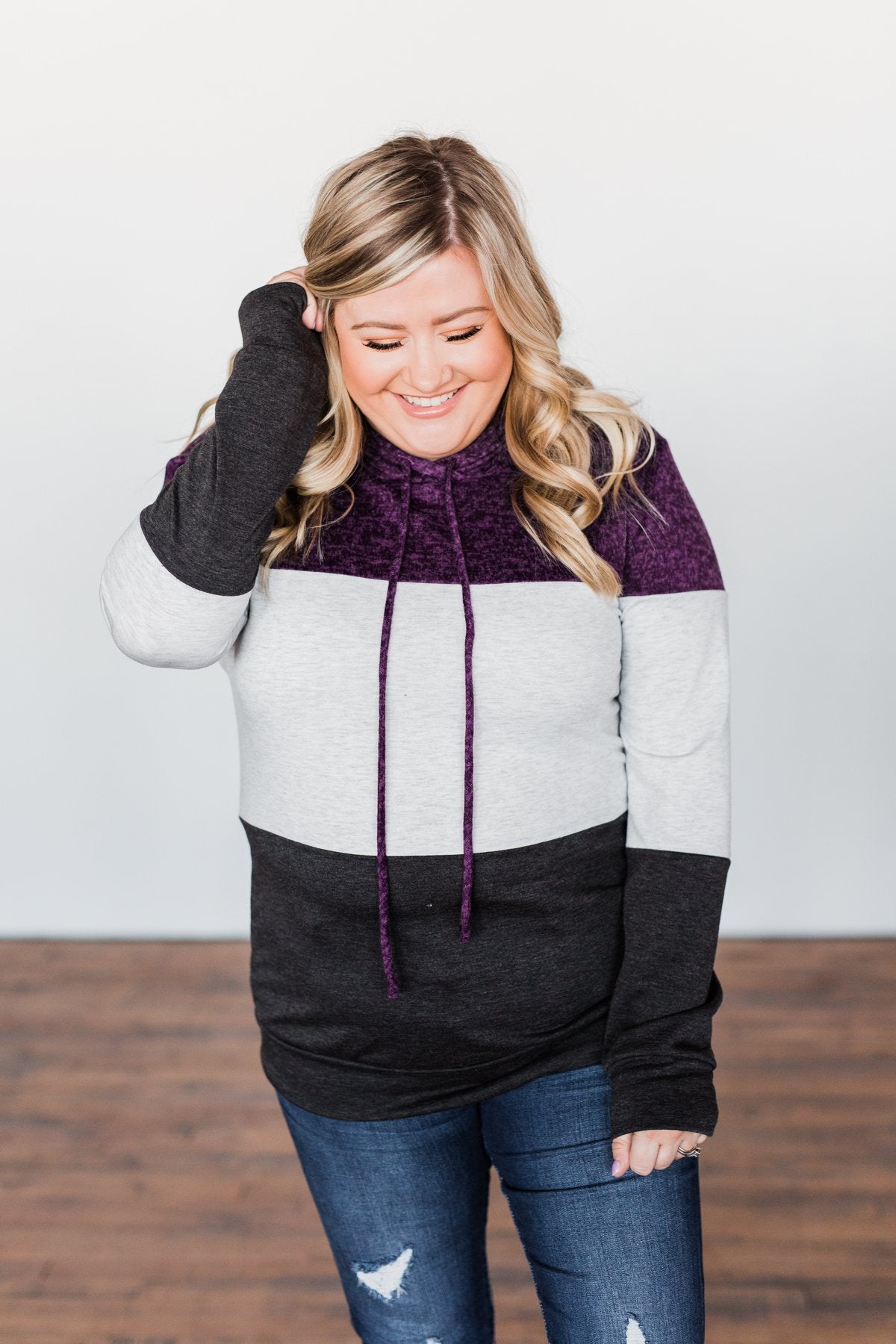 It Just Might Be Color Block Hoodie- Eggplant & Charcoal