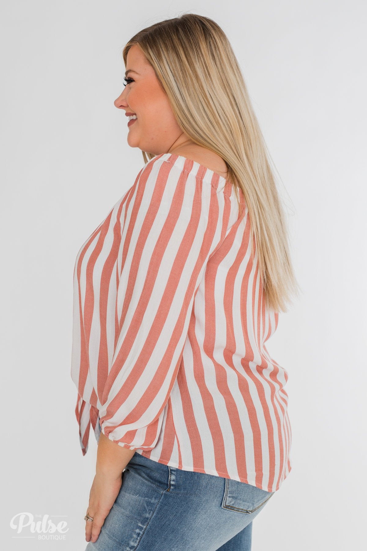 Warmer Weather Off The Shoulder Striped Top- Light Salmon