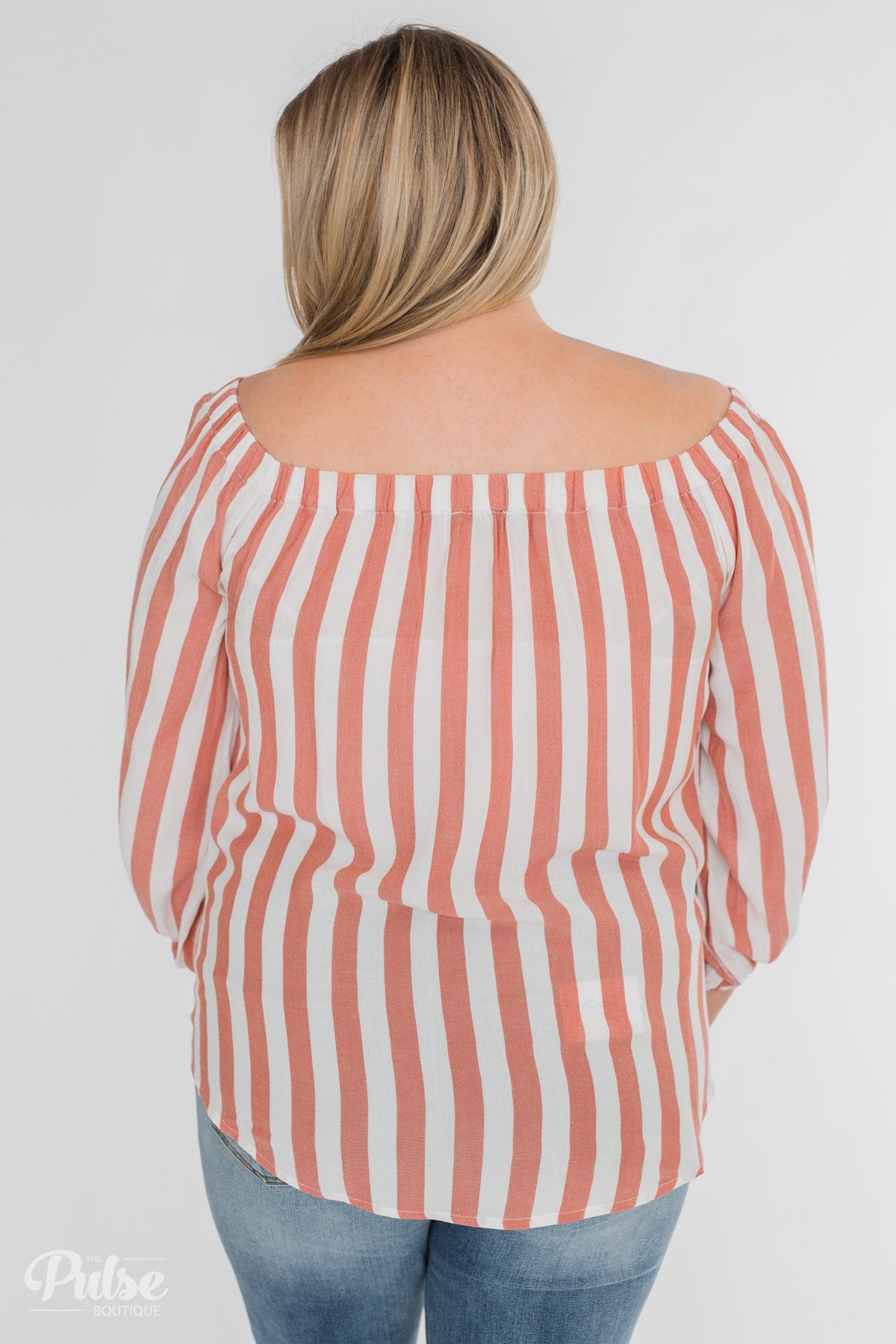 Warmer Weather Off The Shoulder Striped Top- Light Salmon