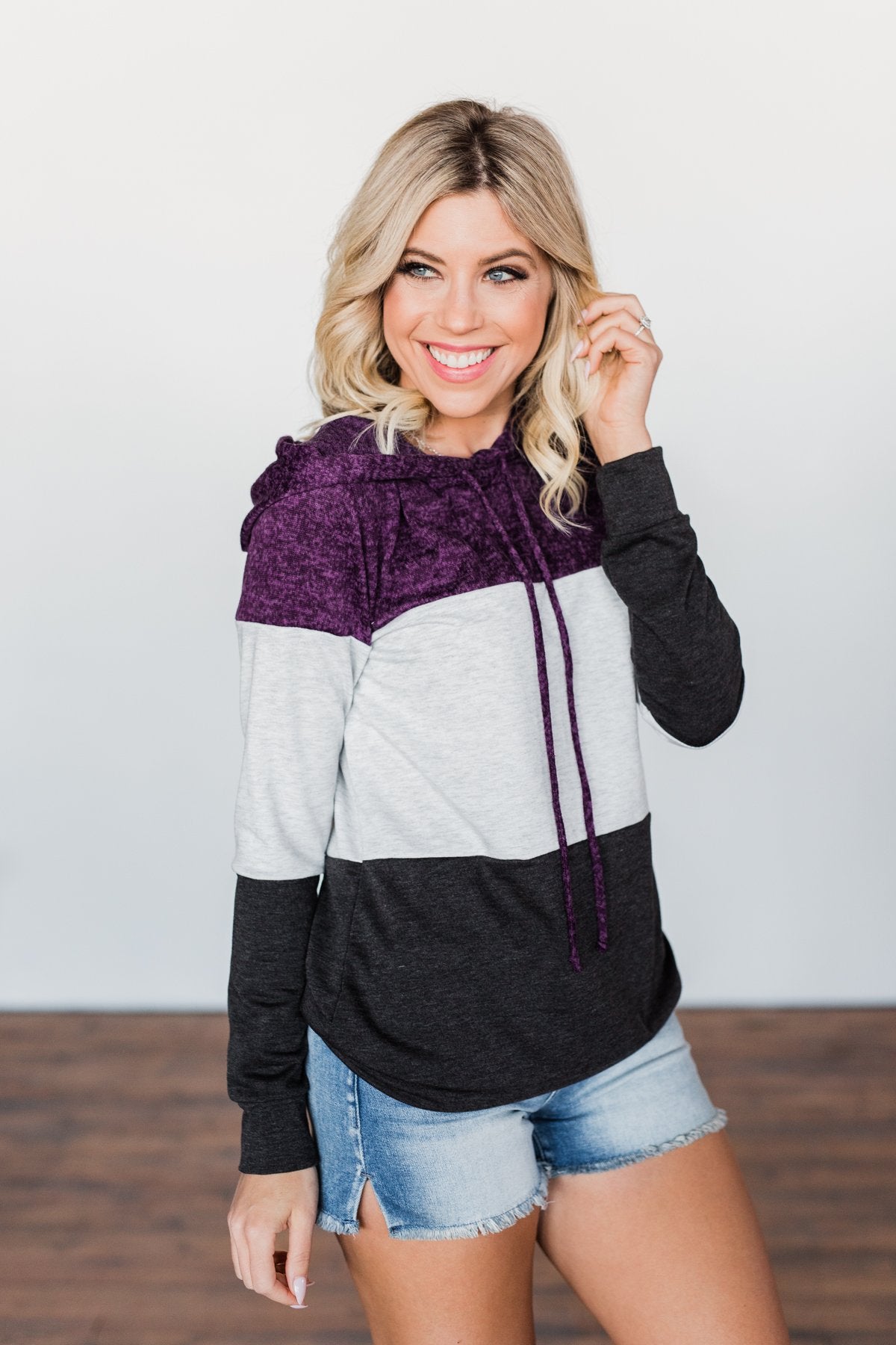 It Just Might Be Color Block Hoodie- Eggplant & Charcoal