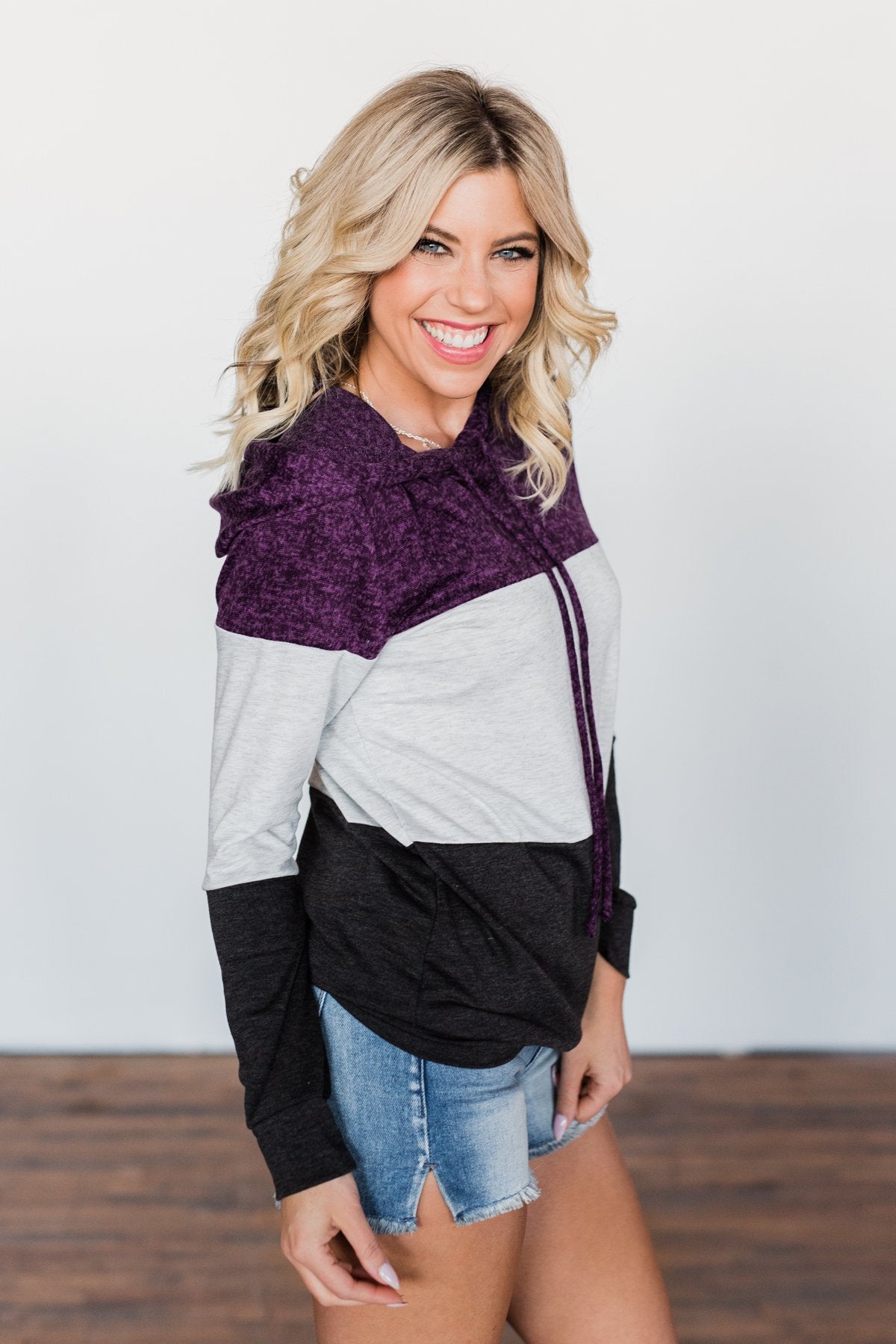 It Just Might Be Color Block Hoodie- Eggplant & Charcoal