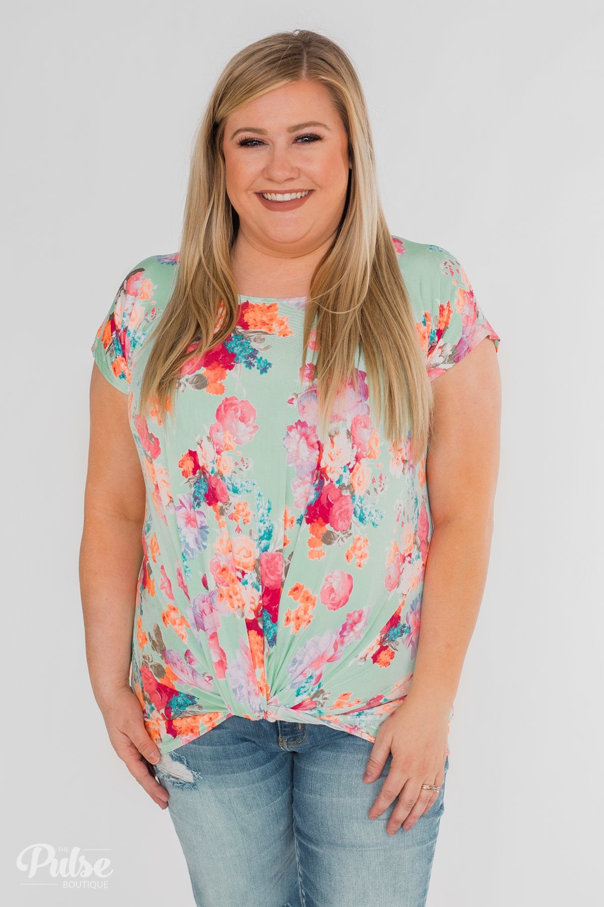 Coral Floral Knot Top- Mint