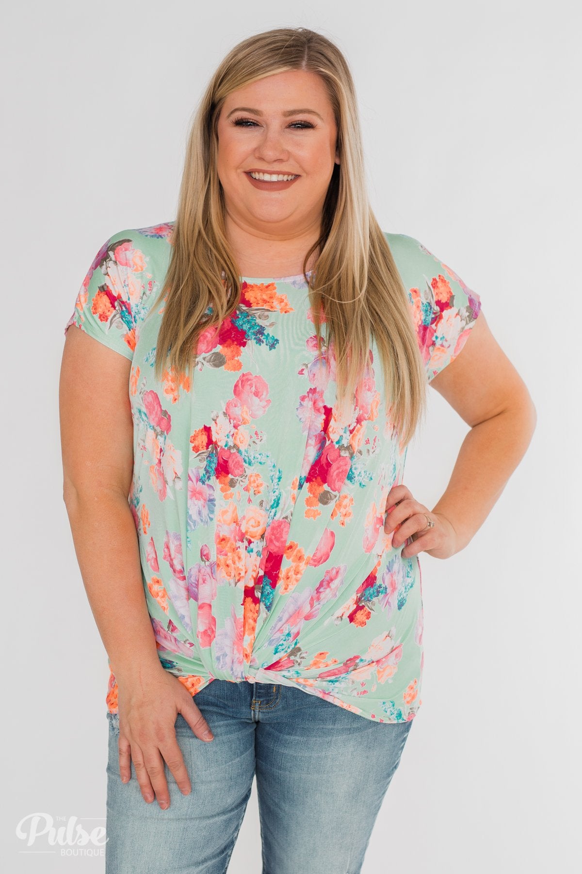 Coral Floral Knot Top- Mint