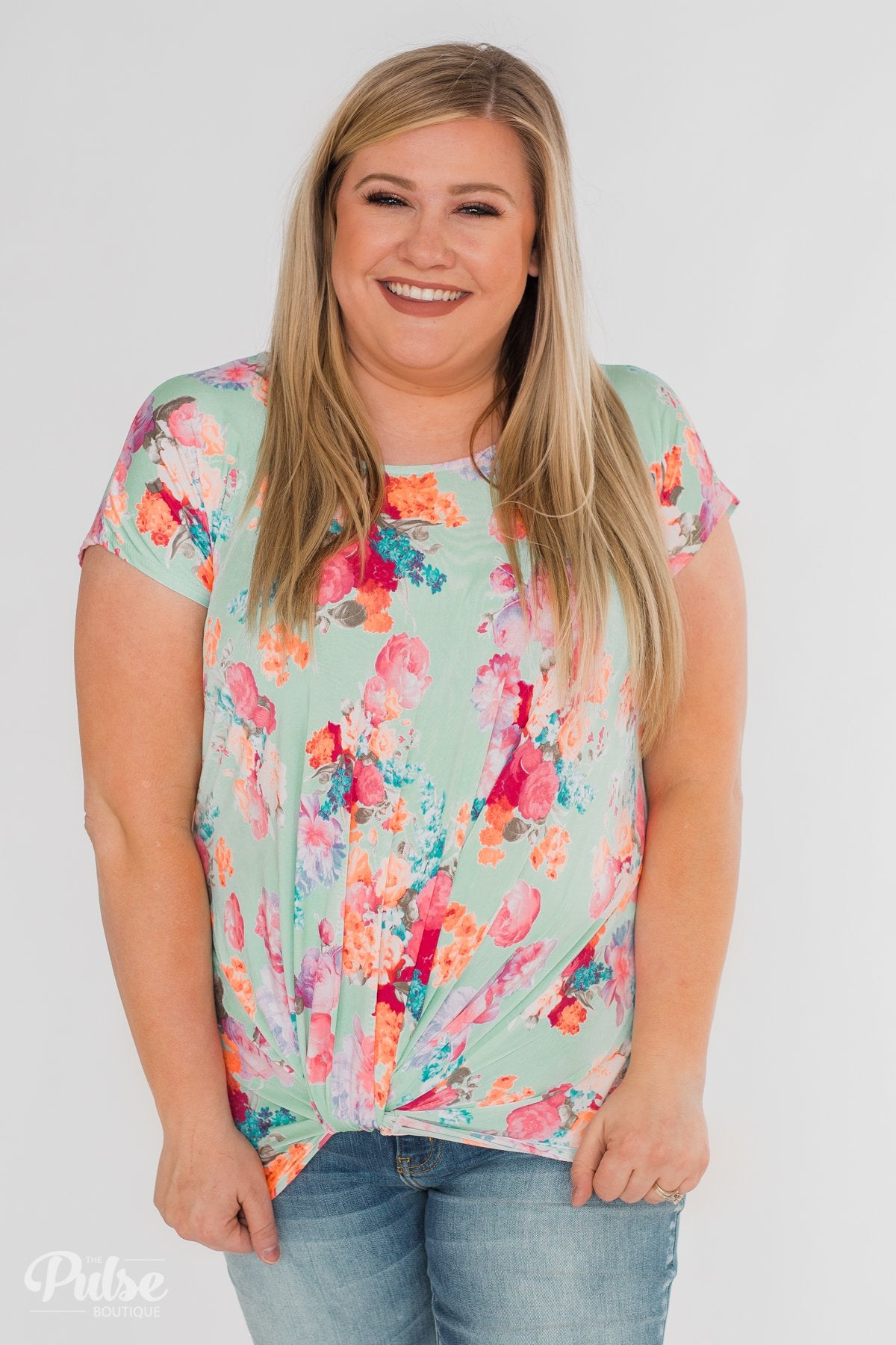 Coral Floral Knot Top- Mint
