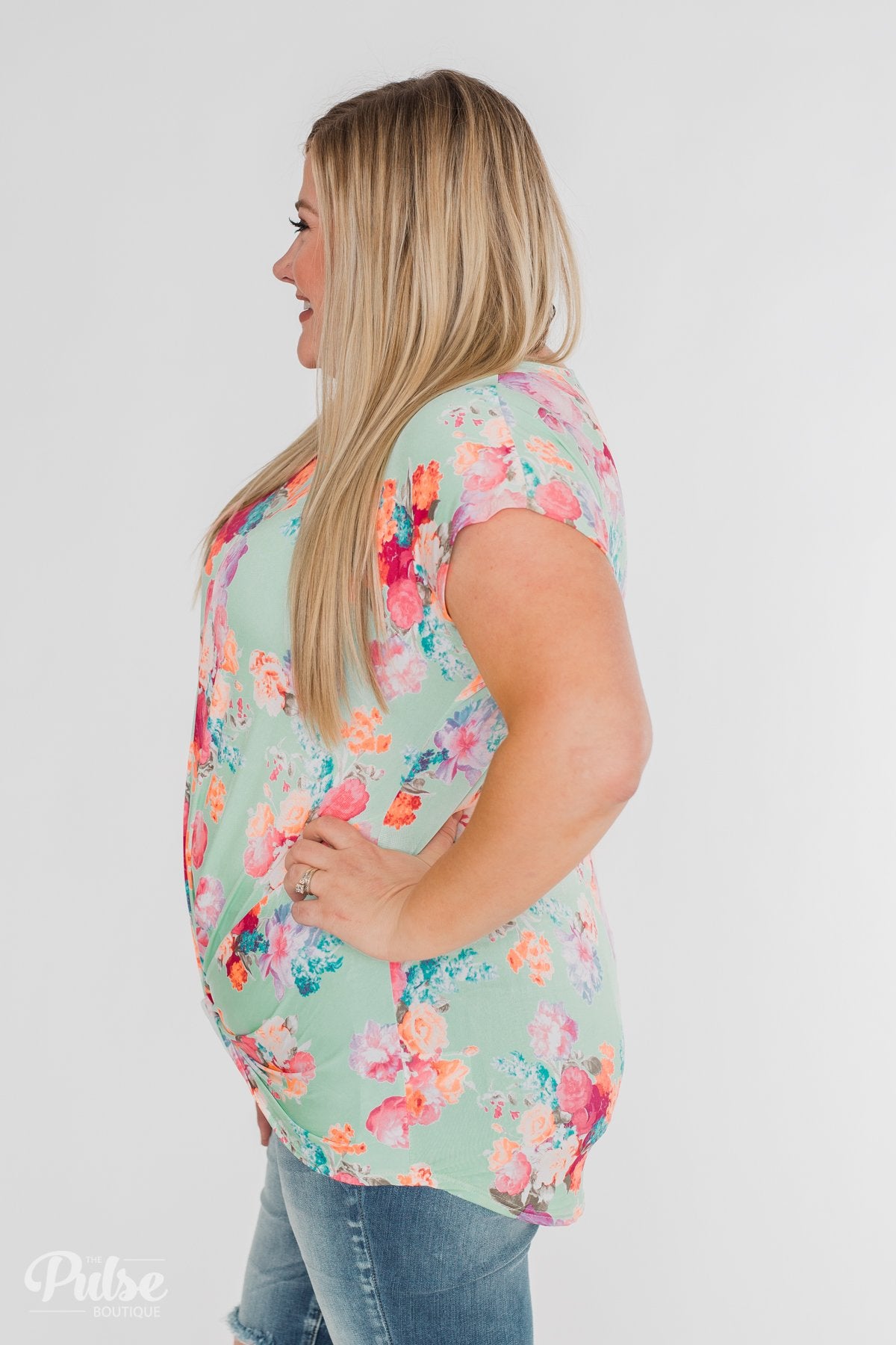 Coral Floral Knot Top- Mint