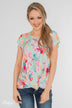Coral Floral Knot Top- Mint