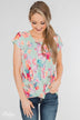 Coral Floral Knot Top- Mint