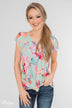 Coral Floral Knot Top- Mint