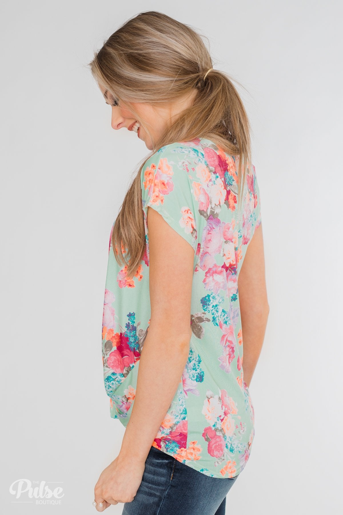 Coral Floral Knot Top- Mint