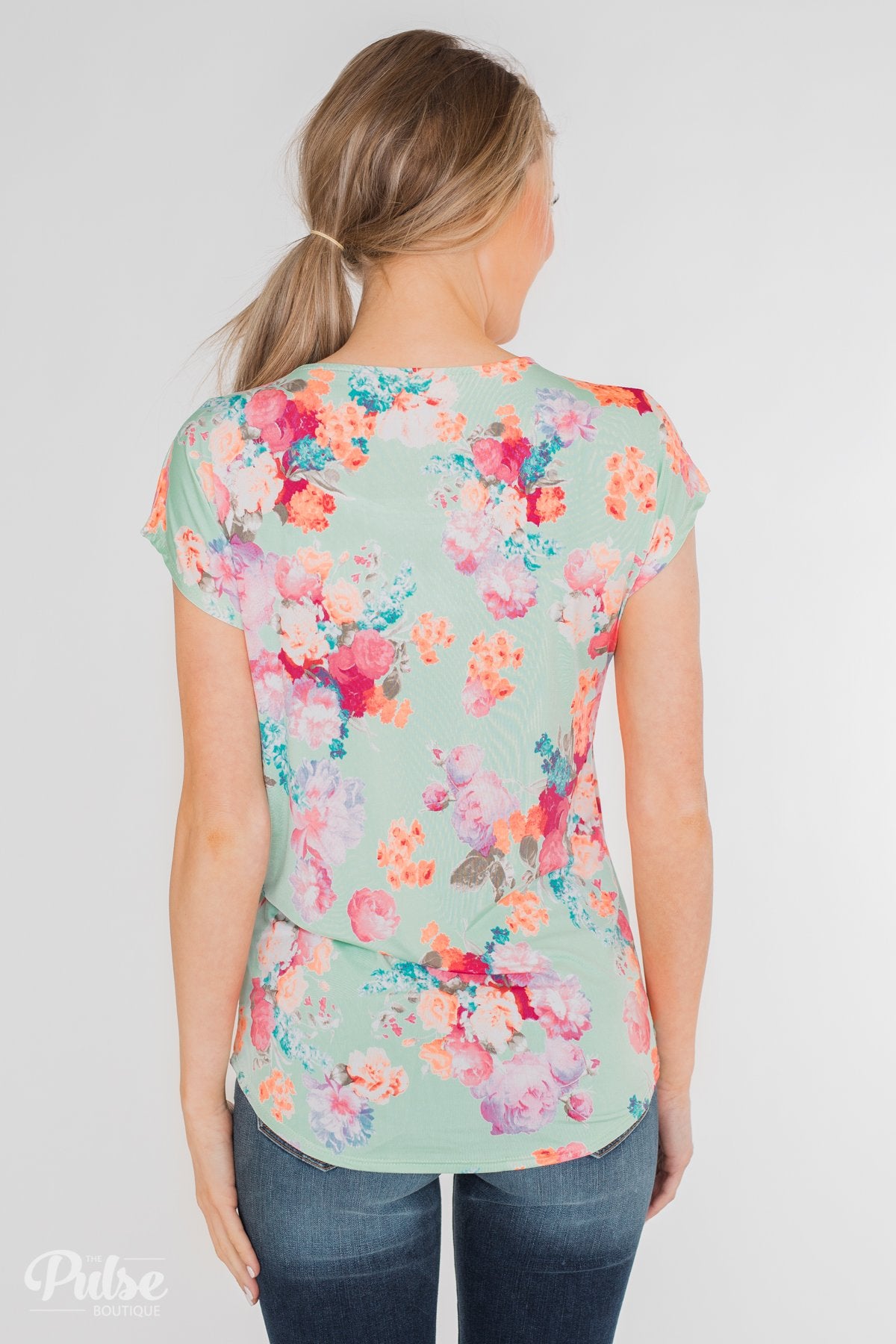 Coral Floral Knot Top- Mint