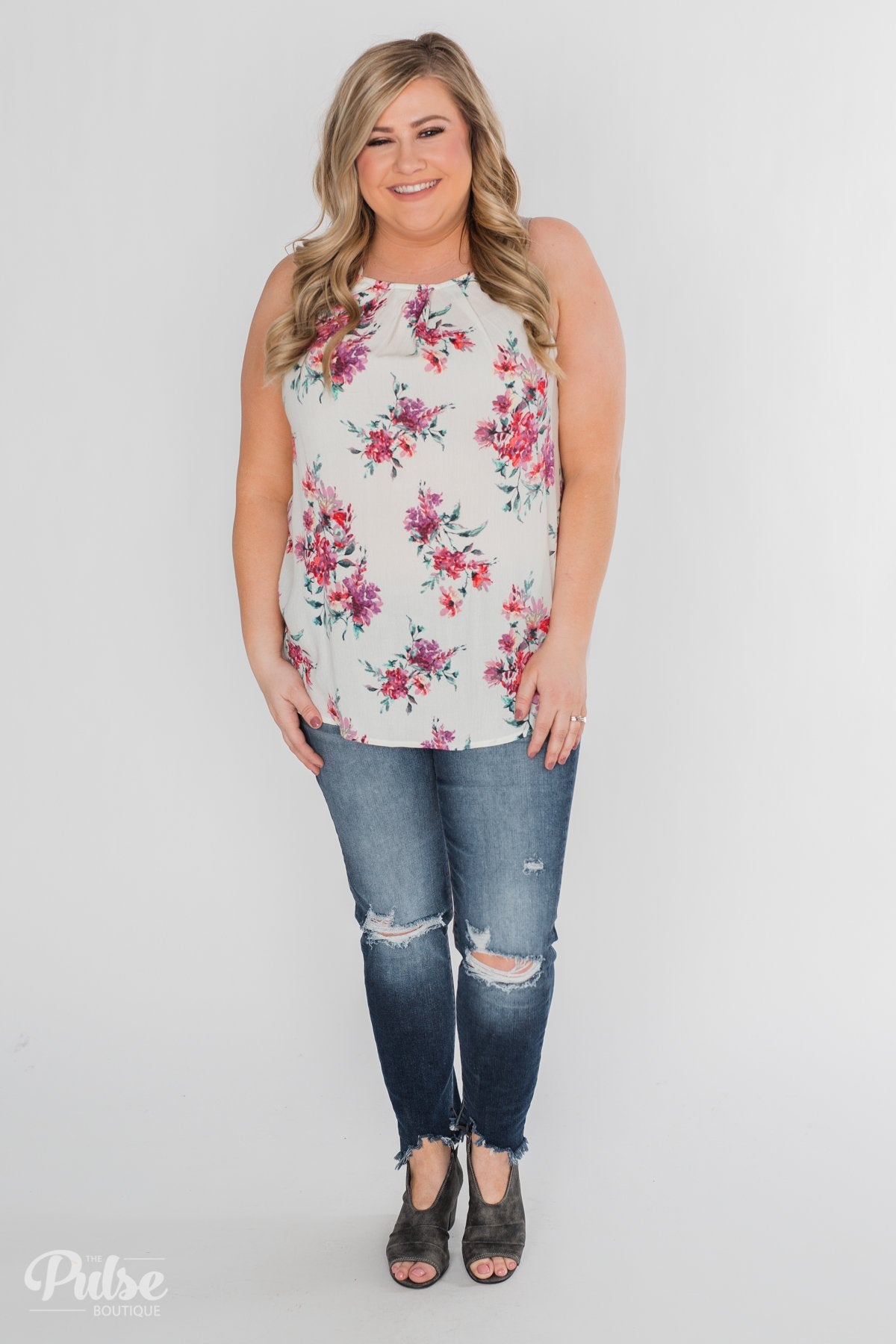 Embrace the Floral Halter Tank Top- Ivory