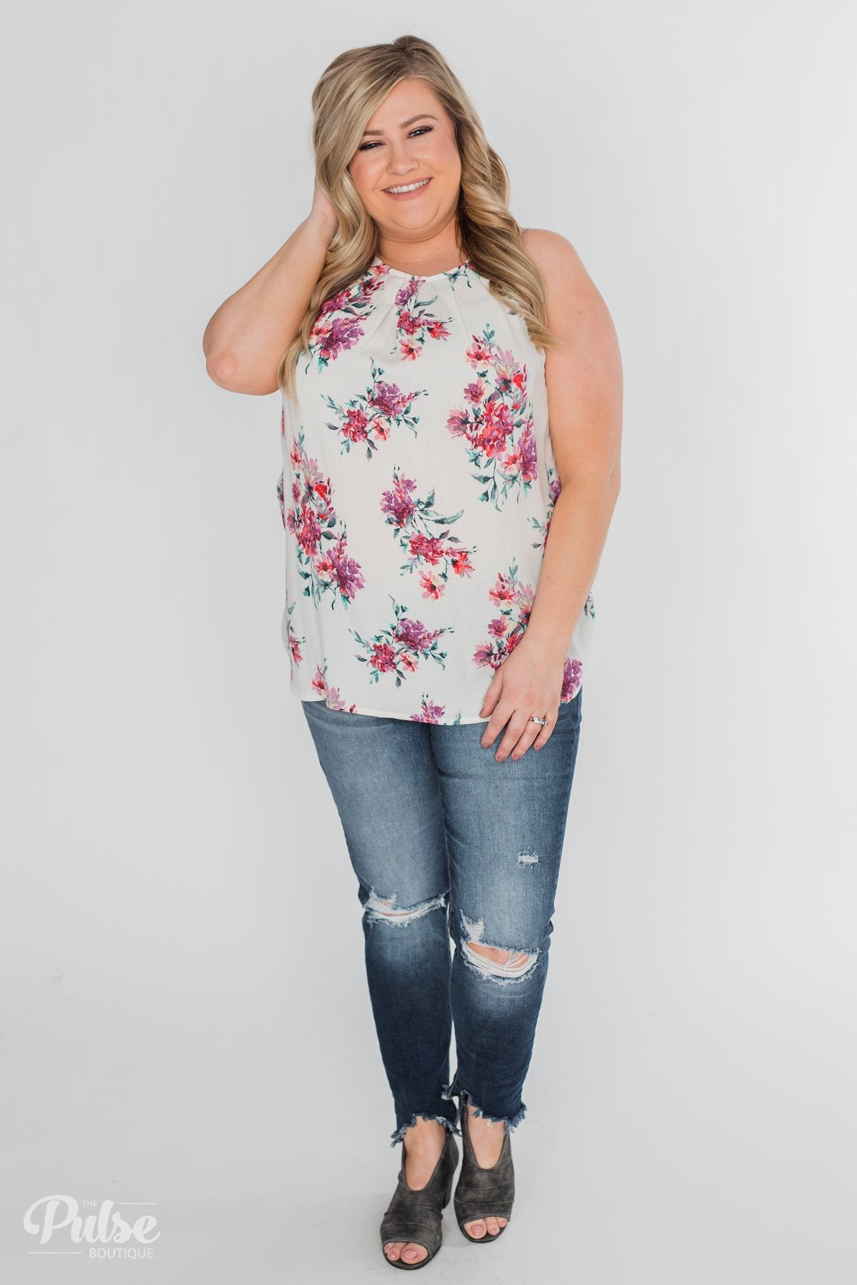 Embrace the Floral Halter Tank Top- Ivory