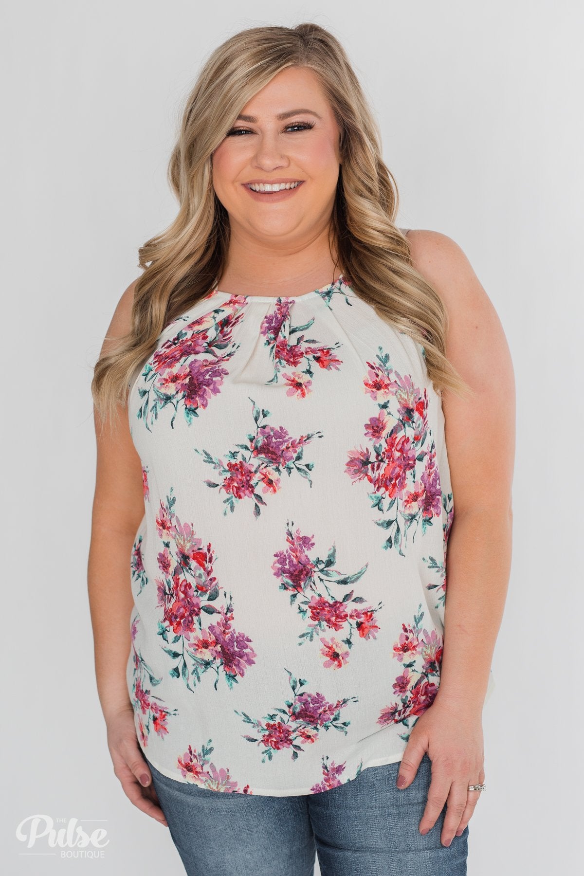 Embrace the Floral Halter Tank Top- Ivory