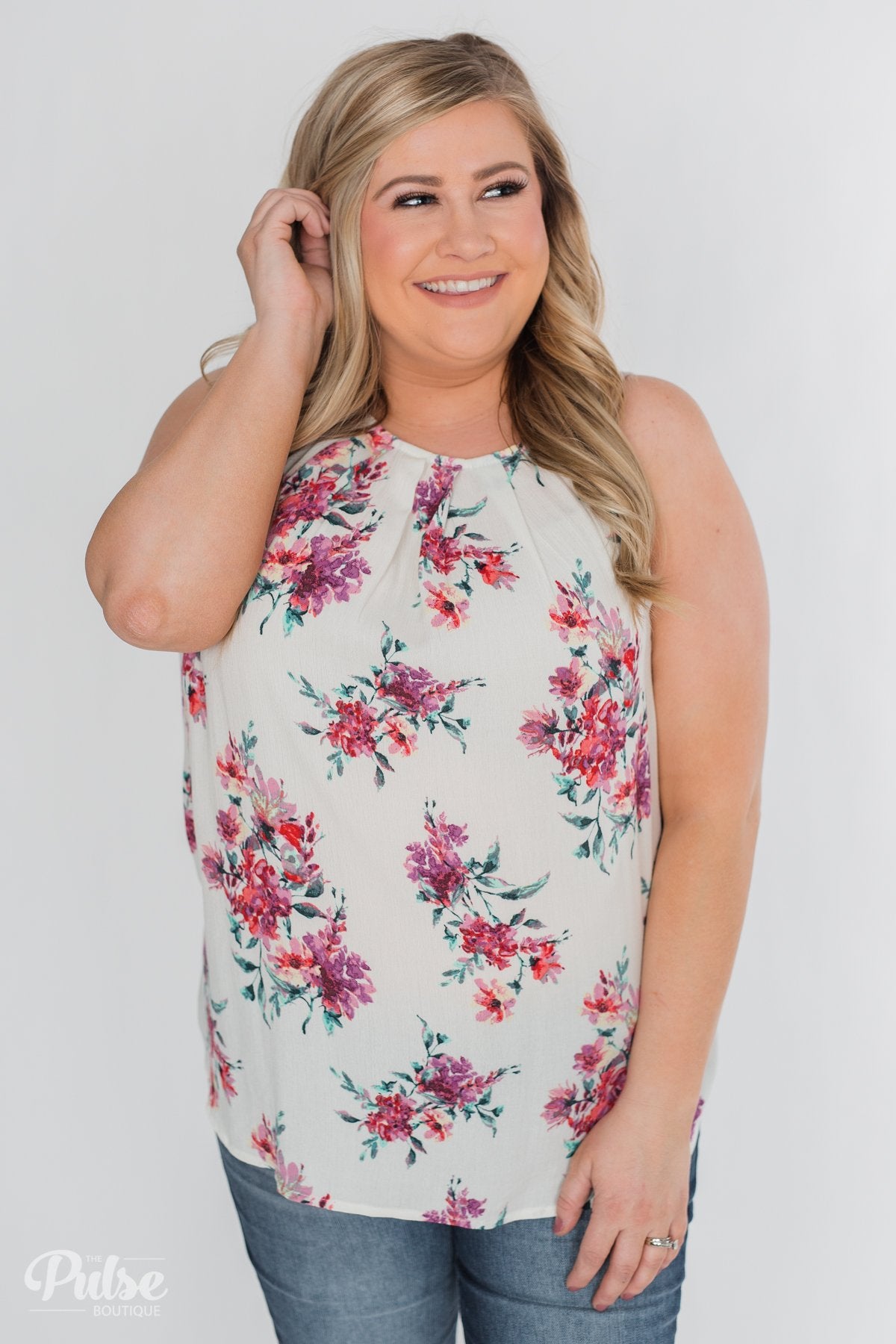 Embrace the Floral Halter Tank Top- Ivory