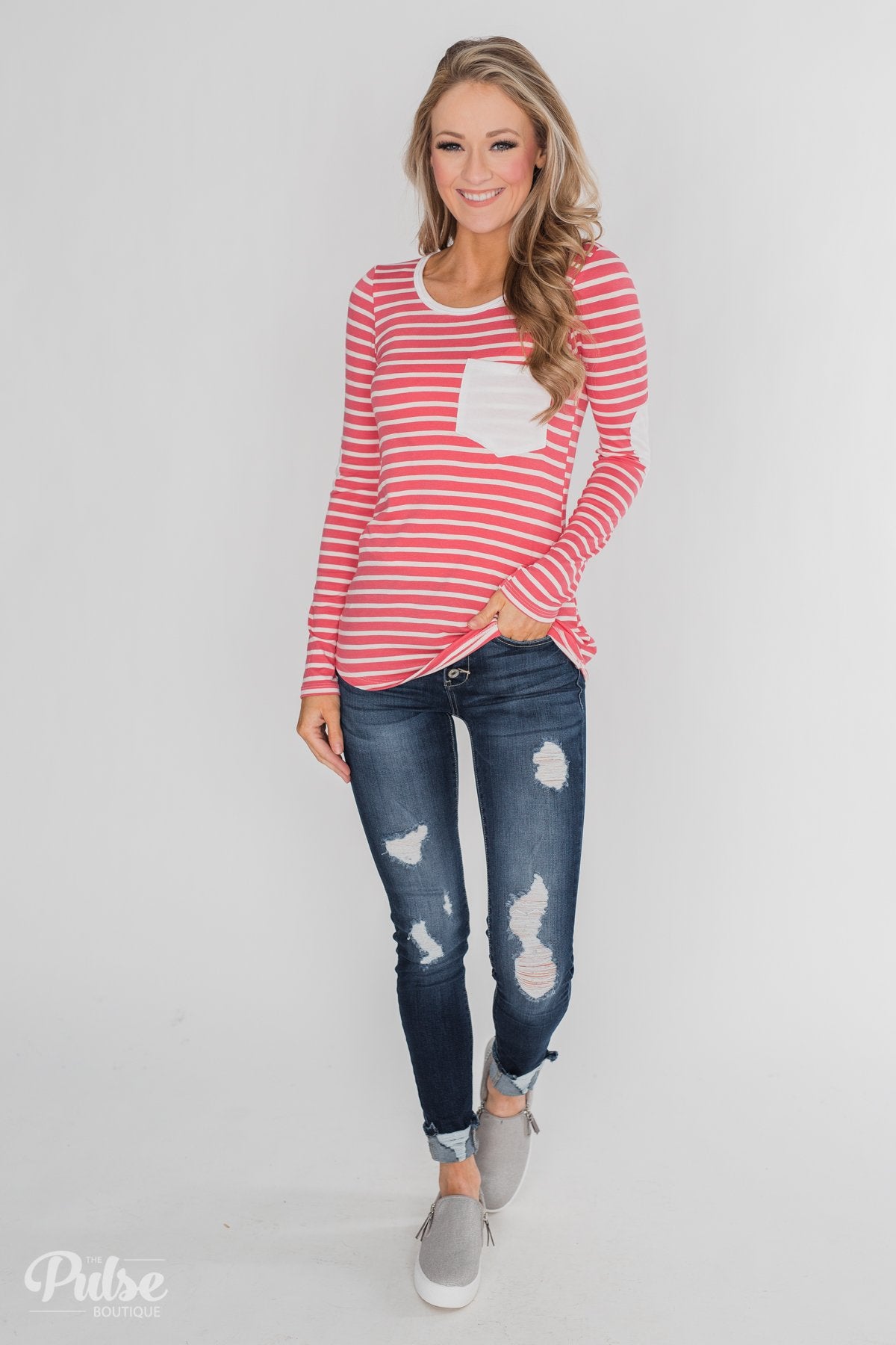 Forever Mine Heart Elbow Patch Top - Raspberry Pink