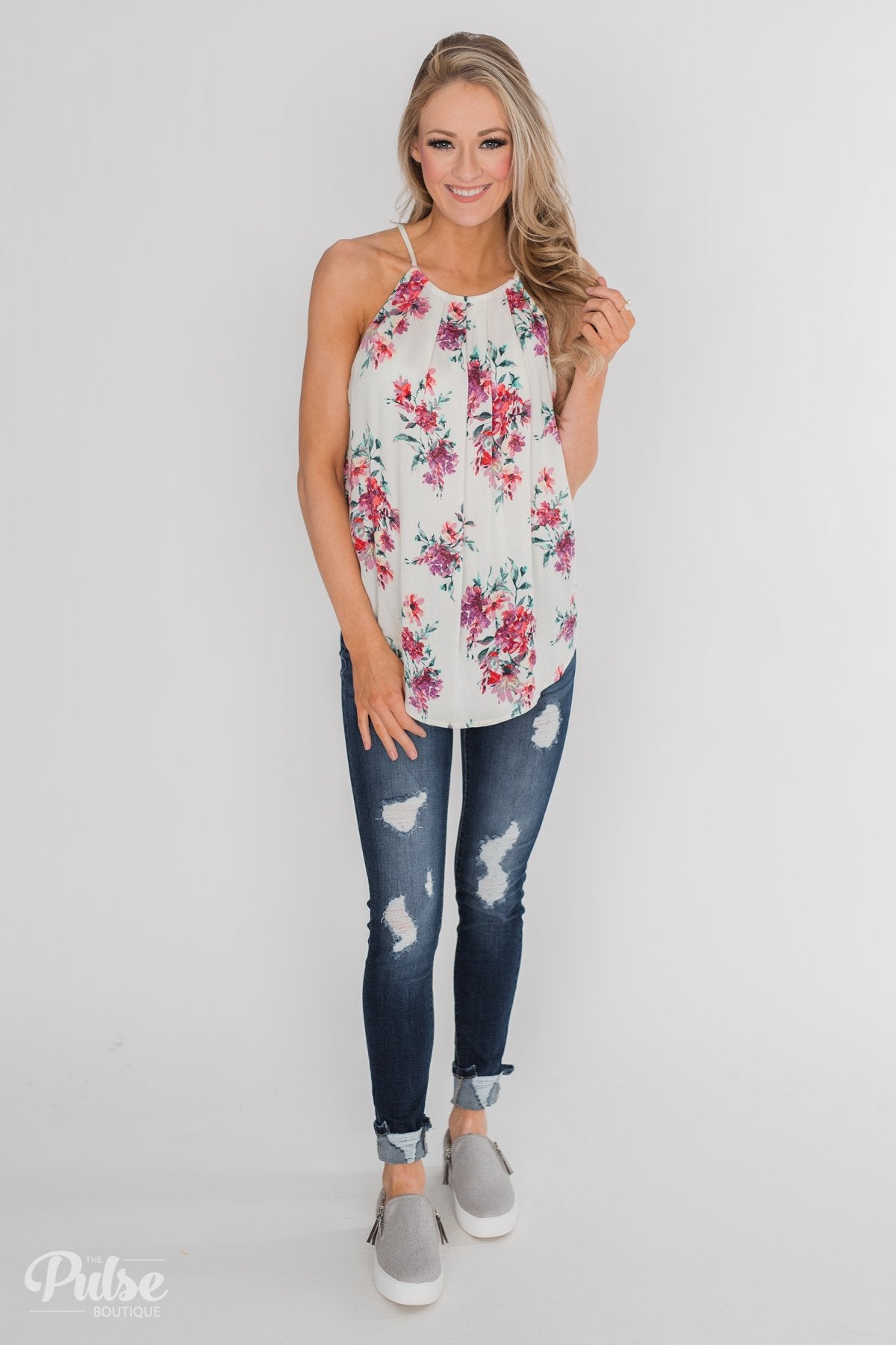 Embrace the Floral Halter Tank Top- Ivory
