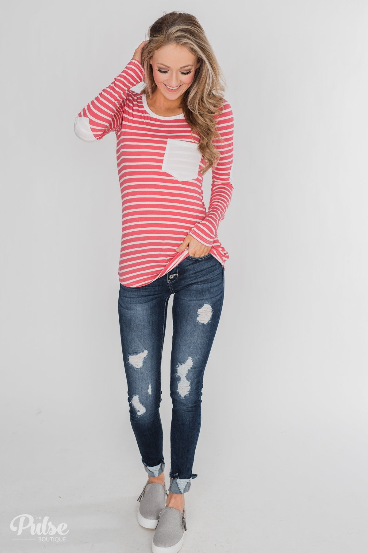 Forever Mine Heart Elbow Patch Top - Raspberry Pink