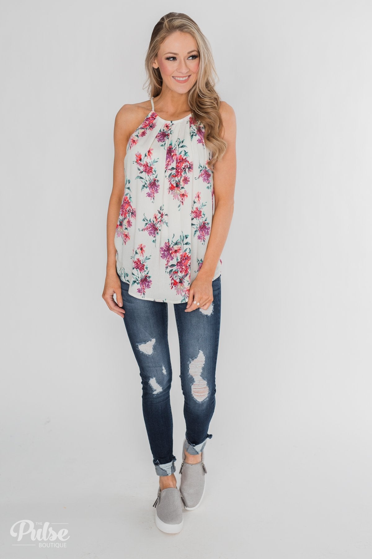 Embrace the Floral Halter Tank Top- Ivory