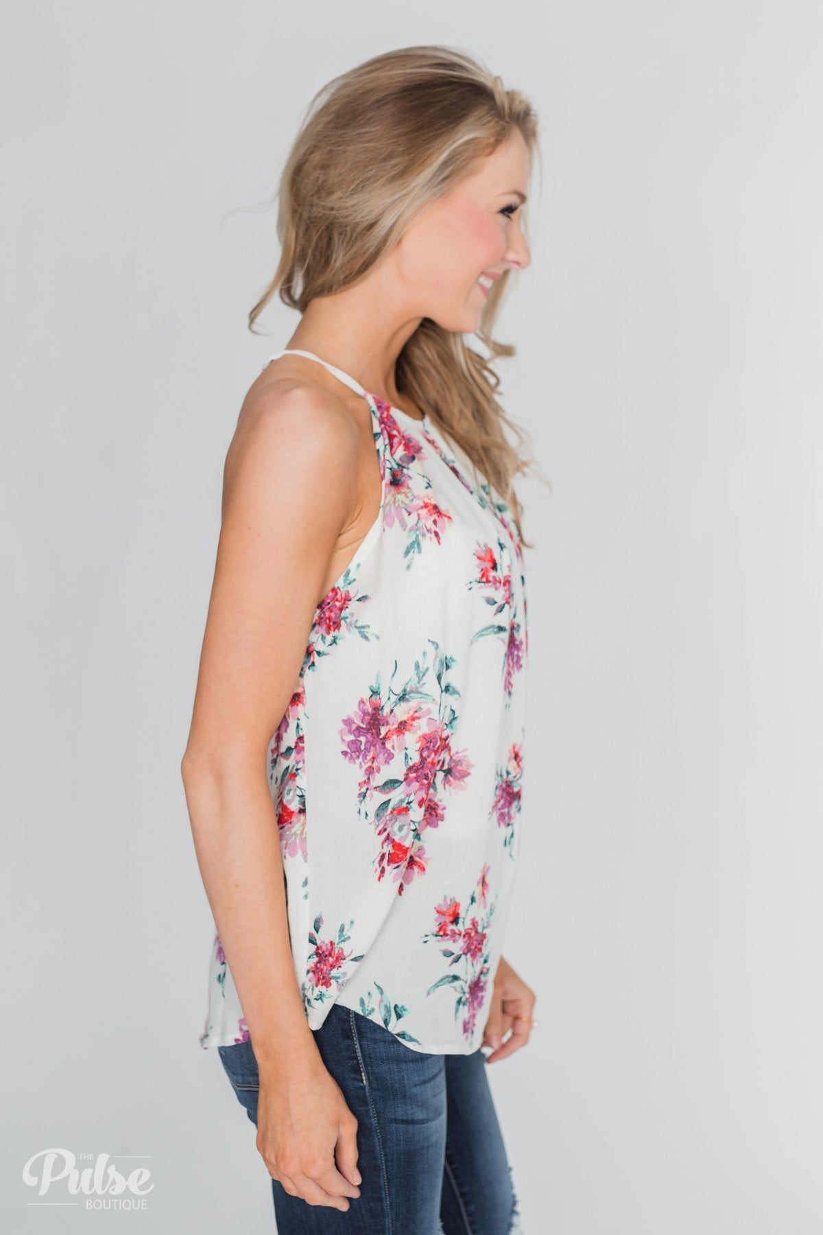 Embrace the Floral Halter Tank Top- Ivory