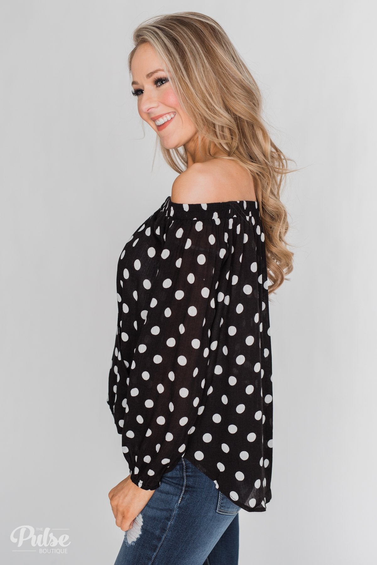 Wrapped Up In Polka Dots Off The Shoulder Blouse- Black