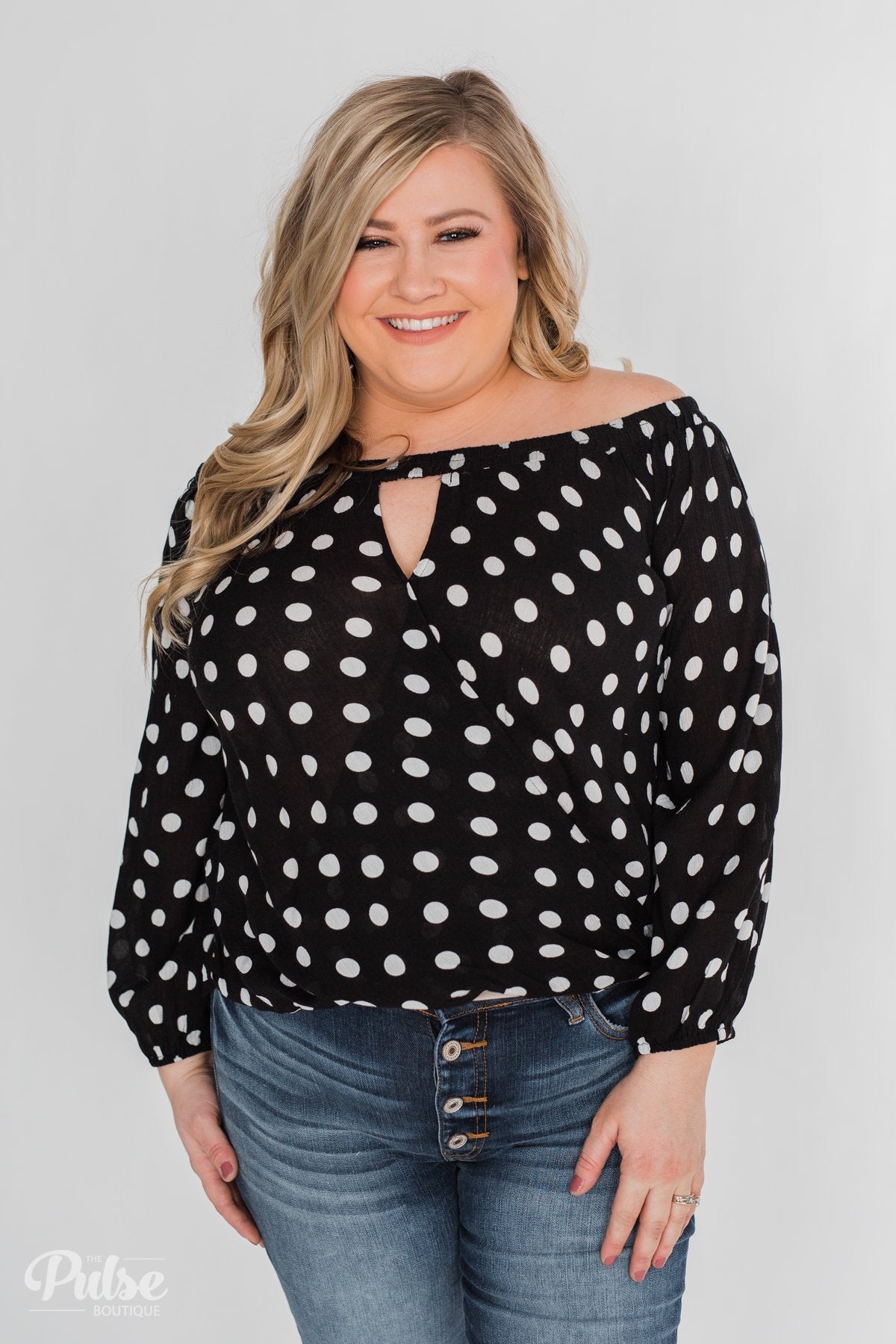 Wrapped Up In Polka Dots Off The Shoulder Blouse- Black