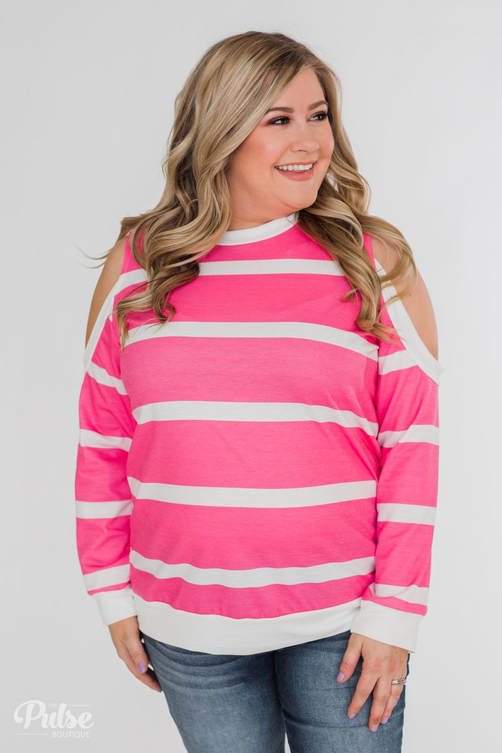 Light Up My World Striped Cold Shoulder Top- Hot Pink