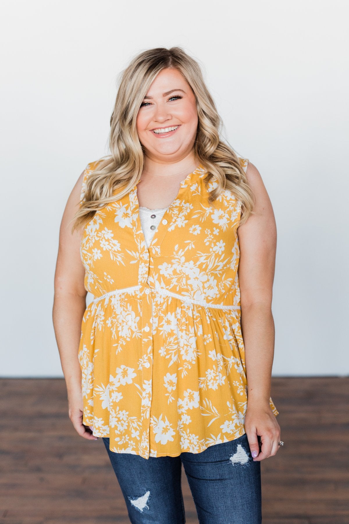 Set Me Free Floral Babydoll Tank Top- Golden Yellow