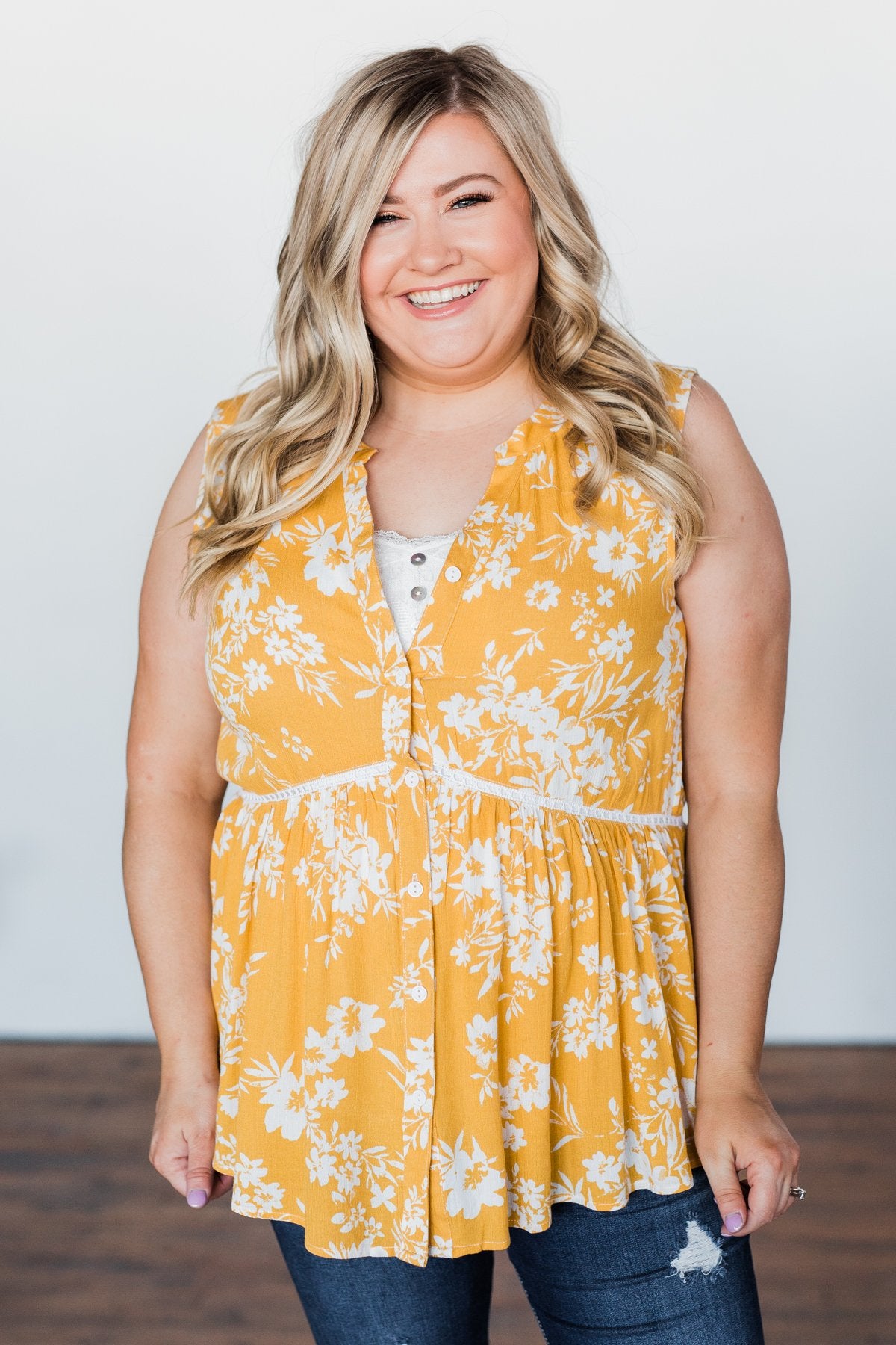 Set Me Free Floral Babydoll Tank Top- Golden Yellow