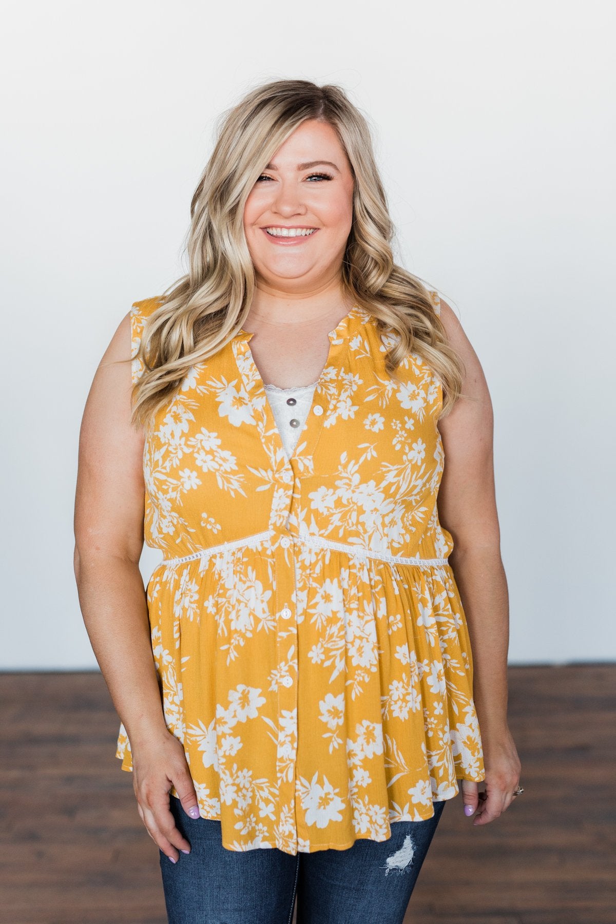 Set Me Free Floral Babydoll Tank Top- Golden Yellow