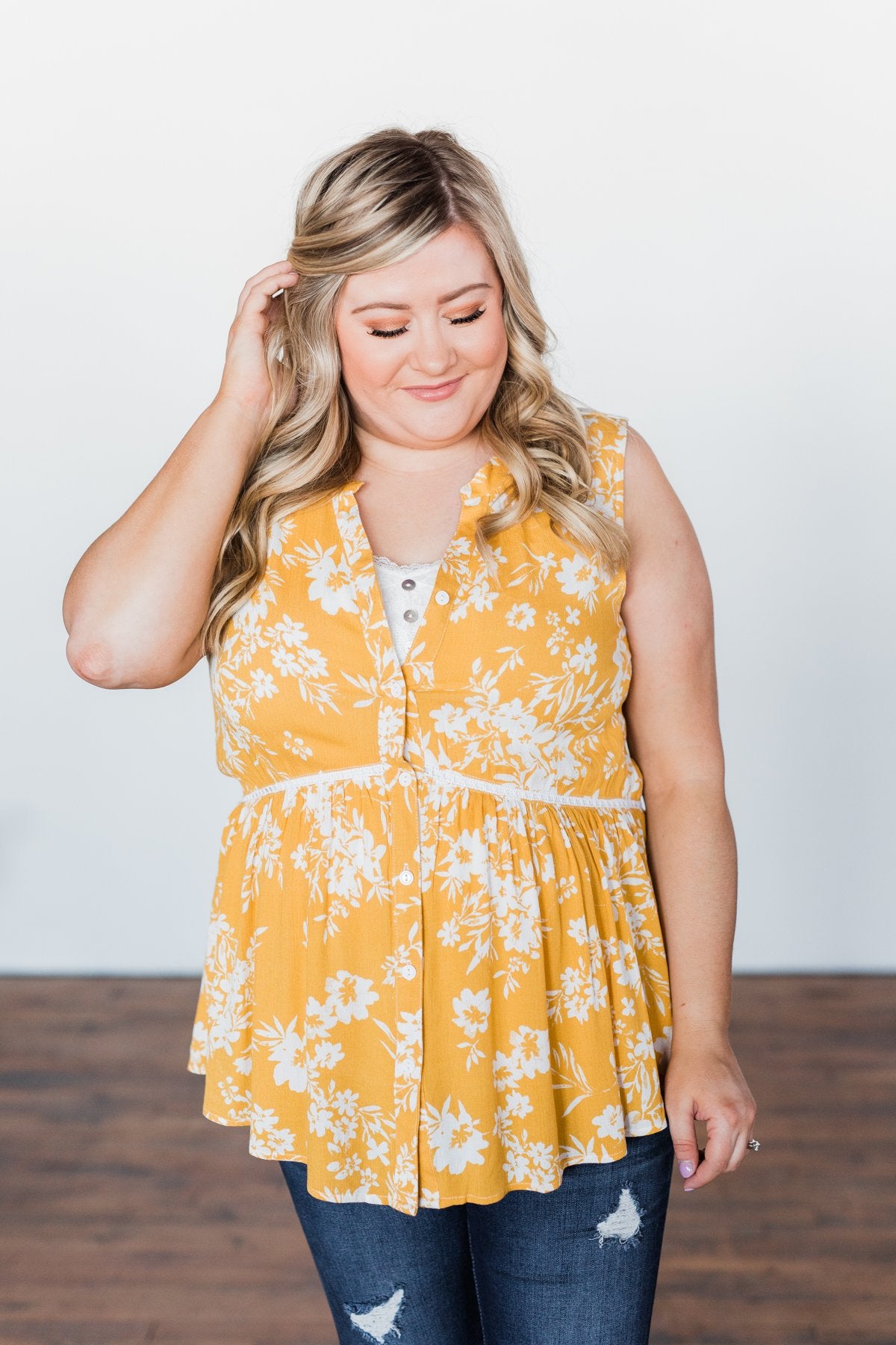 Set Me Free Floral Babydoll Tank Top- Golden Yellow