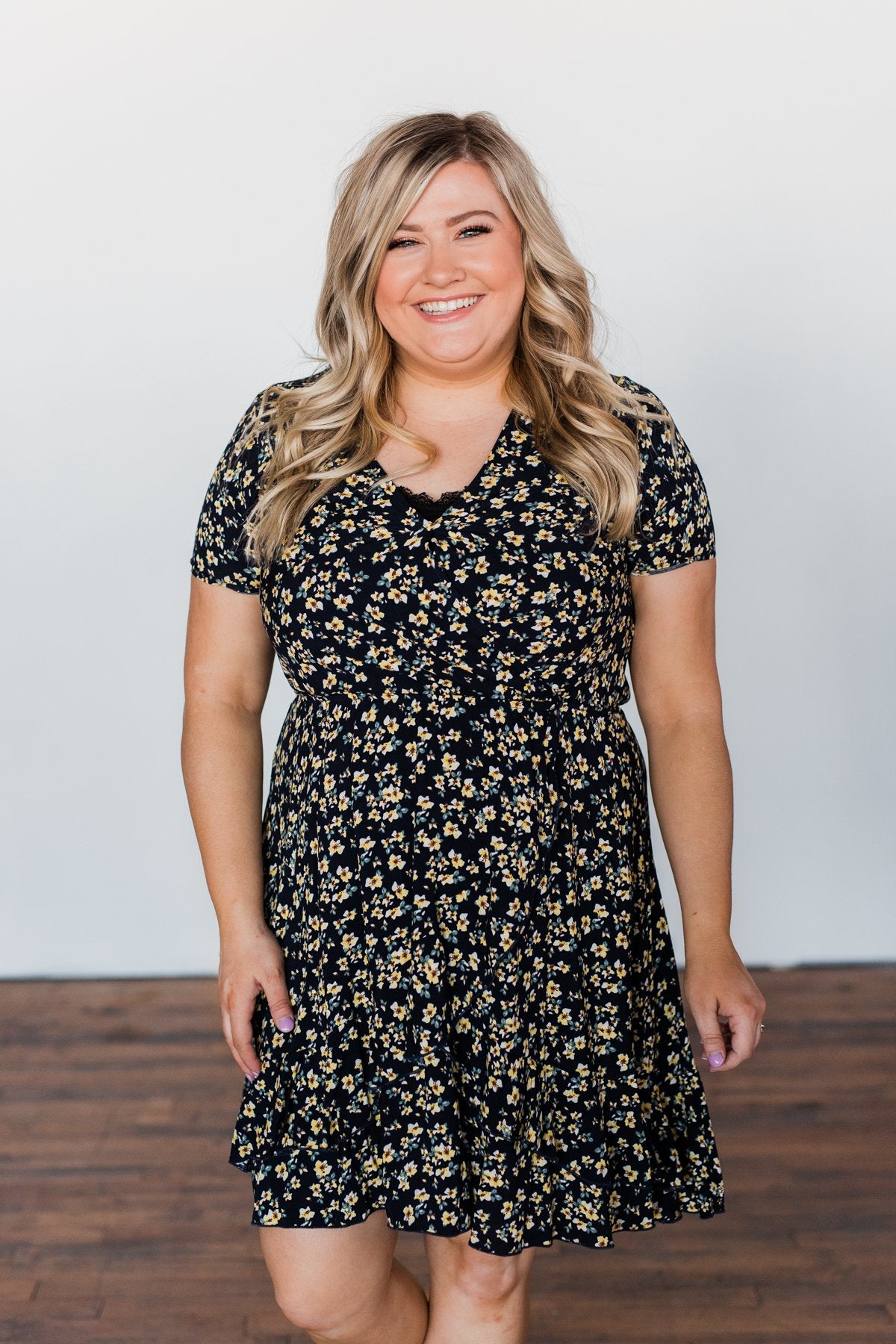 Spring Anticipation Floral Wrap Dress- Navy
