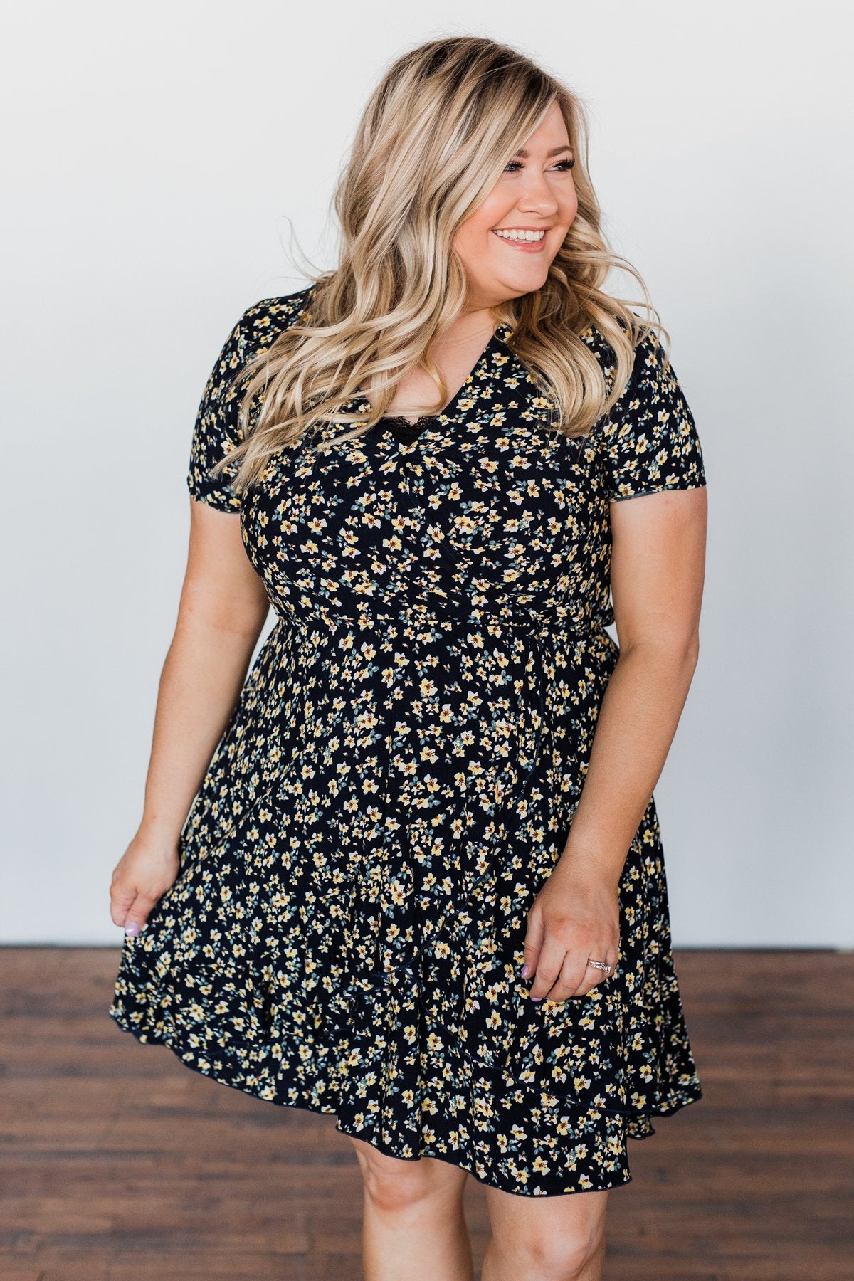 Spring Anticipation Floral Wrap Dress- Navy