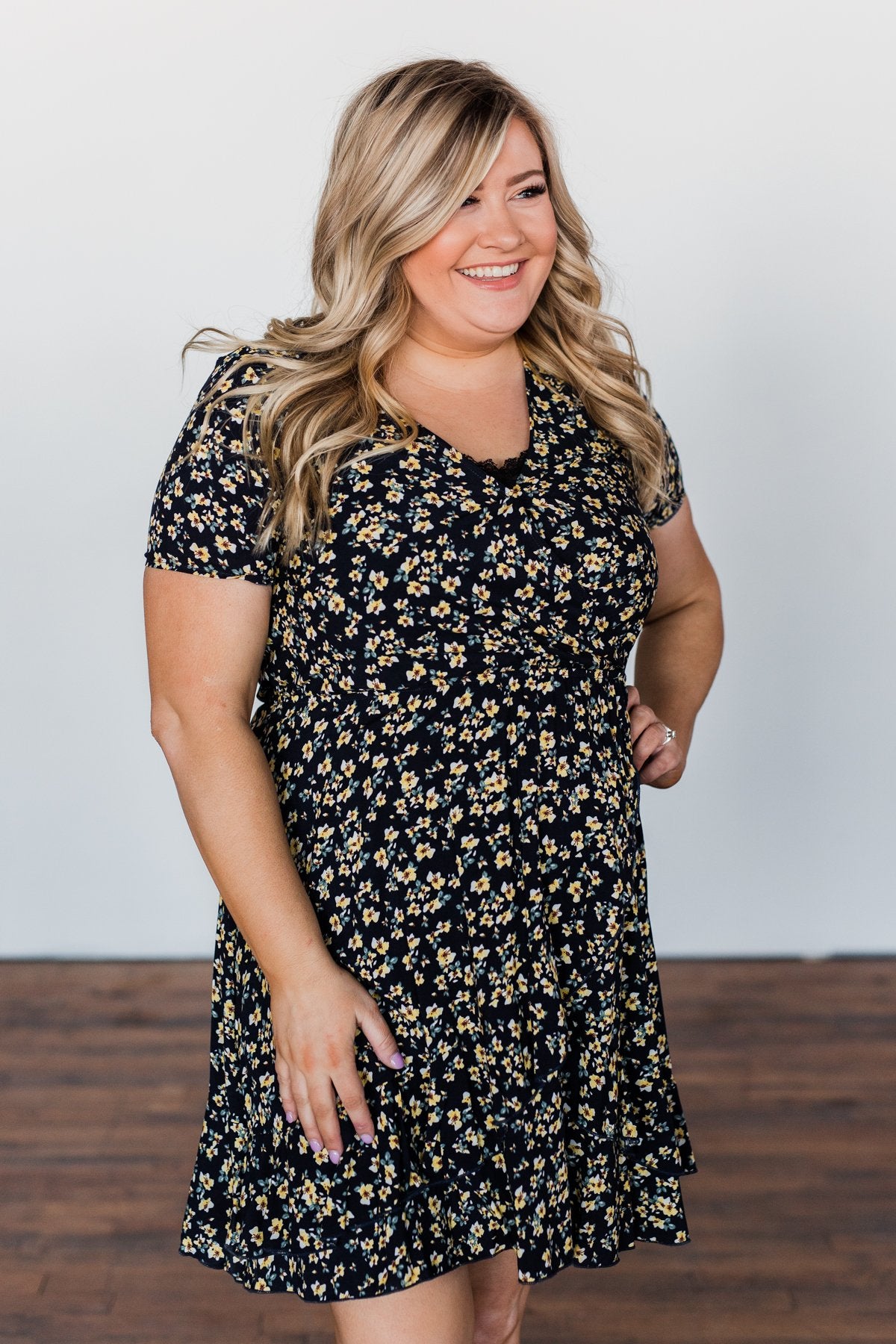 Spring Anticipation Floral Wrap Dress- Navy