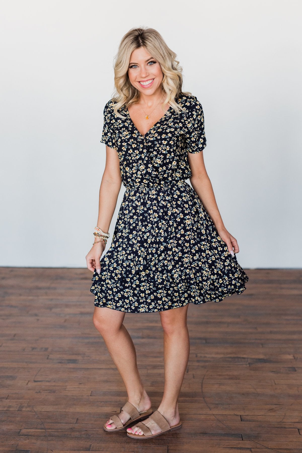 Spring Anticipation Floral Wrap Dress- Navy