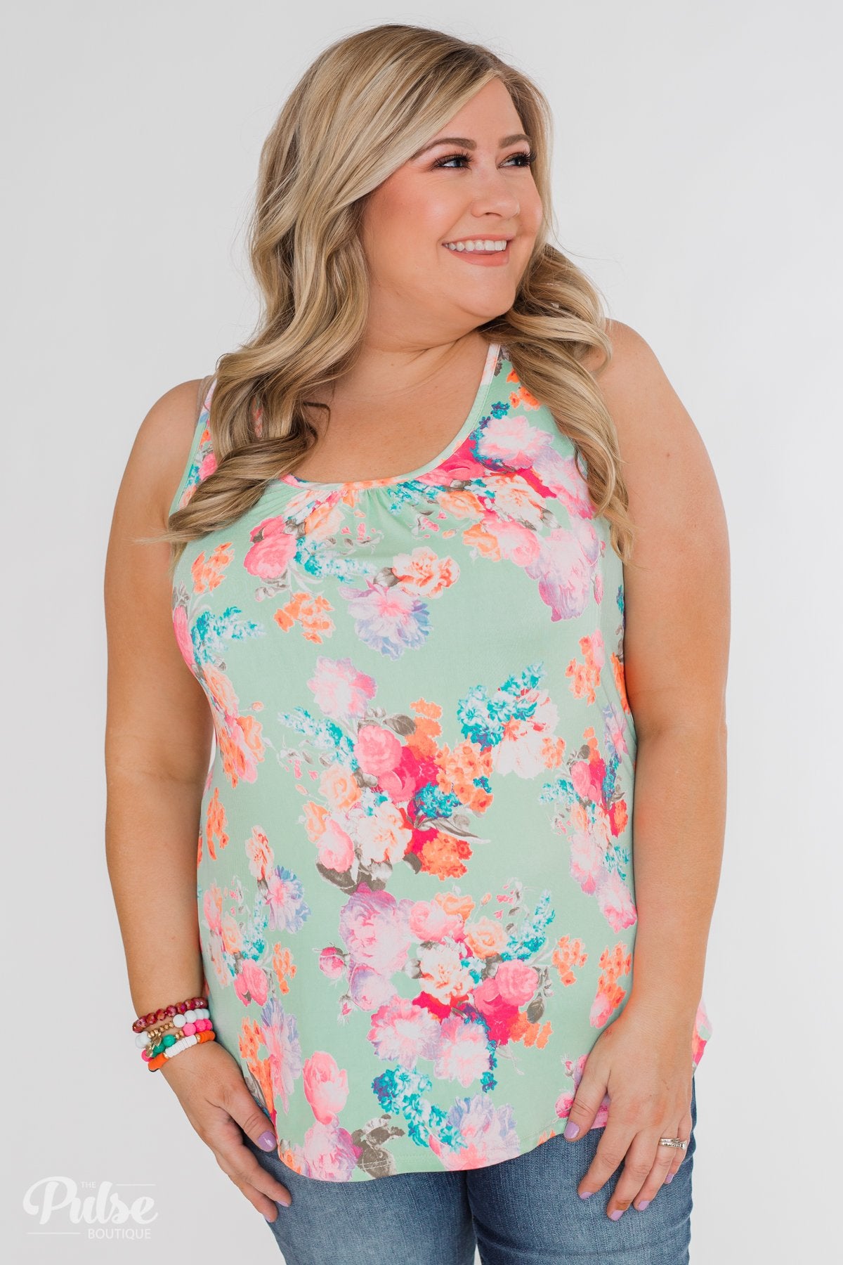 A Coral Floral Summer Tank- Mint