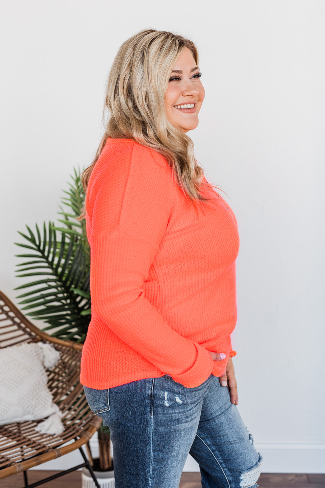 Happy Spring Waffle Knit Button Top- Neon Coral