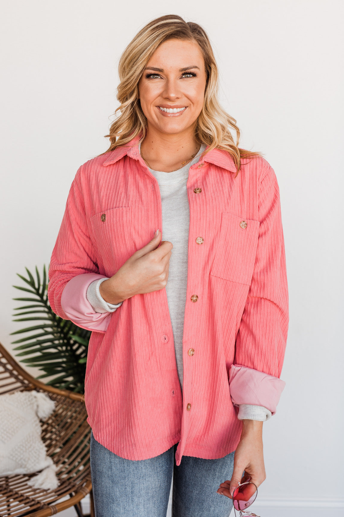 Cute Little Thing Corduroy Button Jacket- Pink