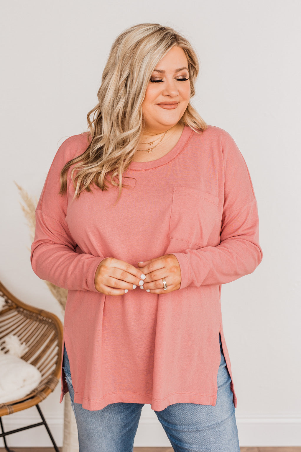 Comfy & Stylish Long Sleeve Pocket Top- Berry