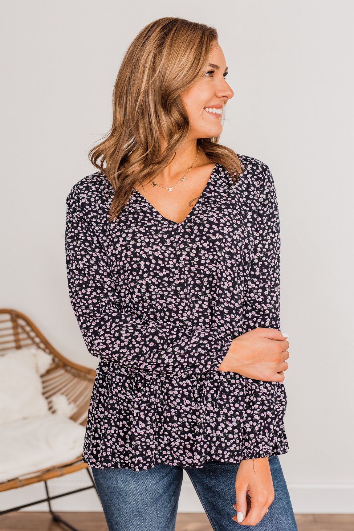 Chose To Be Happy Floral Blouse- Dark Navy & Purple