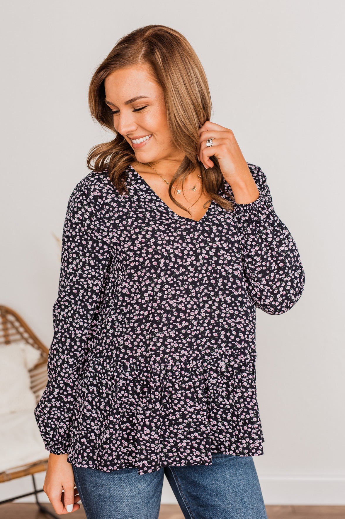 Chose To Be Happy Floral Blouse- Dark Navy & Purple