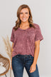 Vintage Love V-Neck Pocket Top- Burgundy