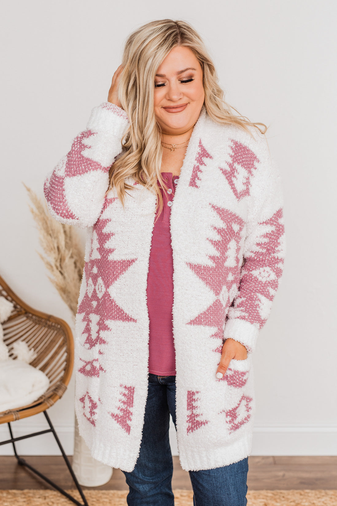 A Blanket Of Love Aztec Knit Cardigan- Ivory & Pink