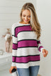 Oh So Soft Striped Knit Sweater- Magenta
