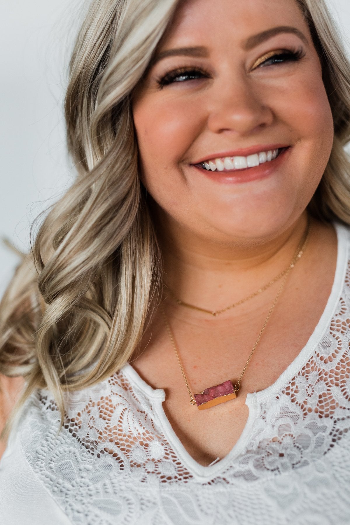 Gold Bar & Rectangle Stone Necklace- Deep Pink
