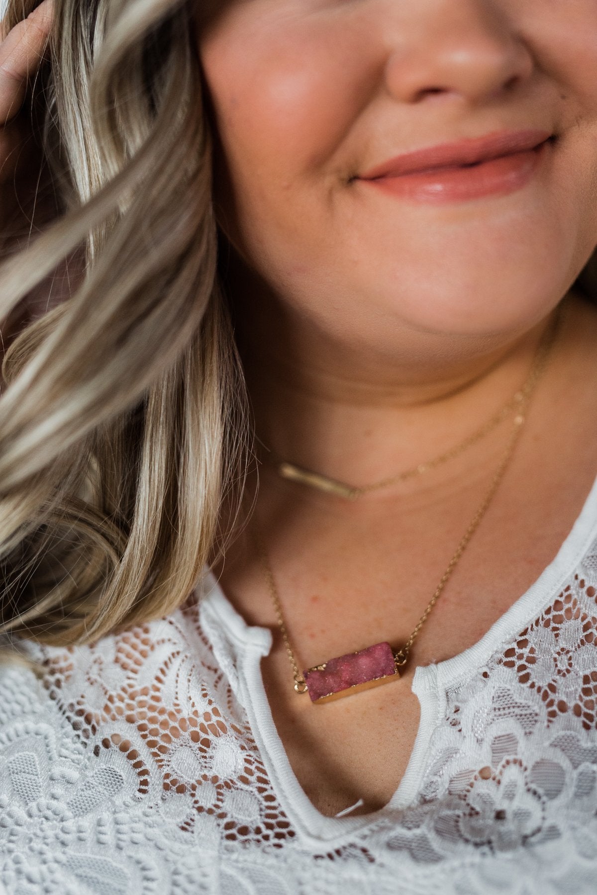 Gold Bar & Rectangle Stone Necklace- Deep Pink
