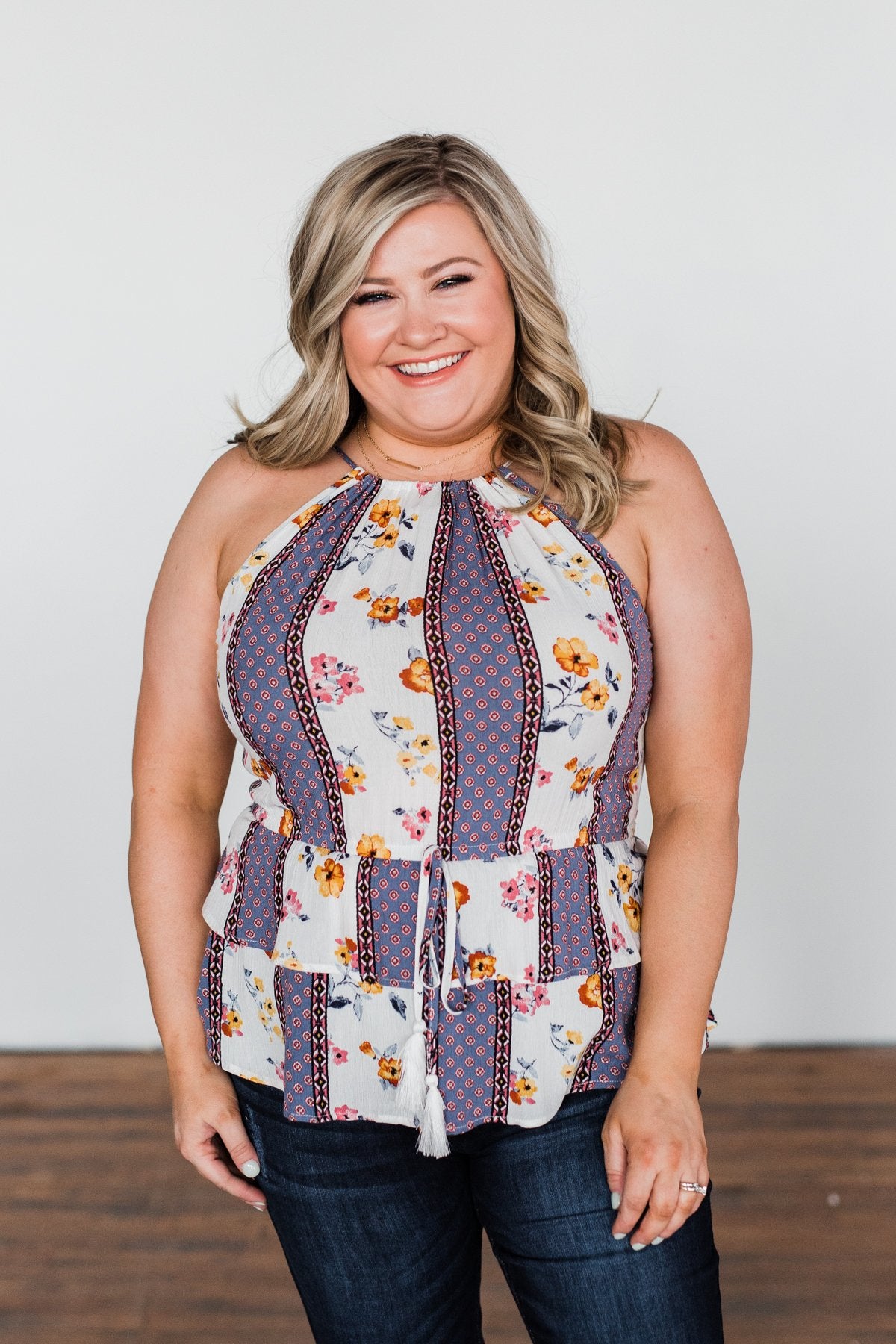Got My Attention Tank Top- Ivory & Dusty Blue